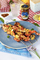 Gegrillte Garnelenspiesse mit Ananas-Curry Senfsauce